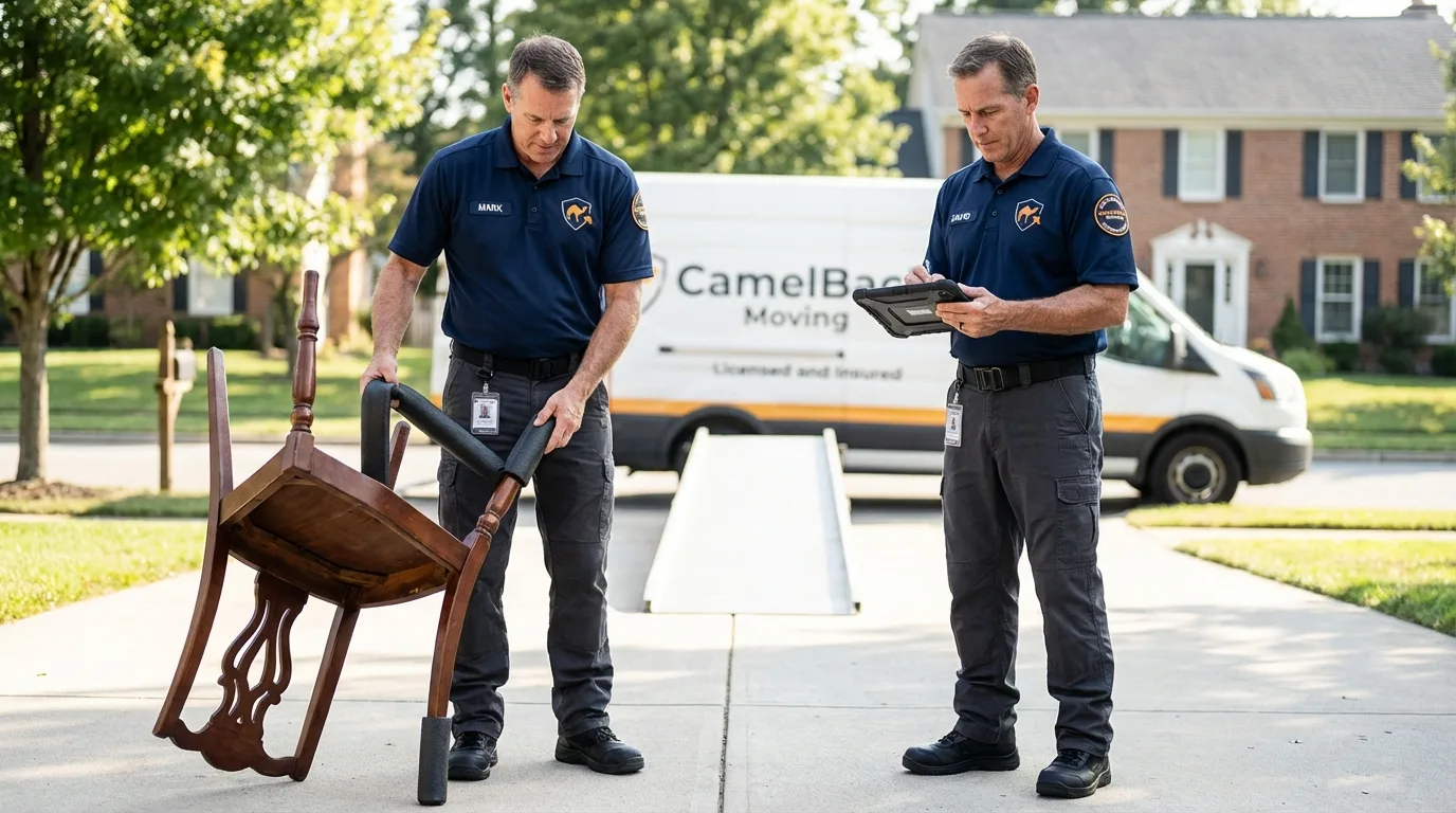 Movers inspecting furniture for damage prevention before loading in Waitsburg, WA