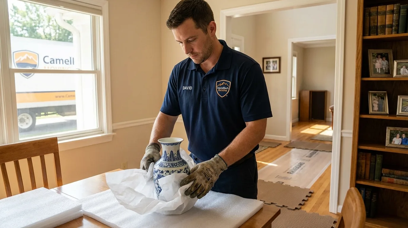 Professional crew carefully wrapping antique vase for senior downsizing move in Waitsburg, WA